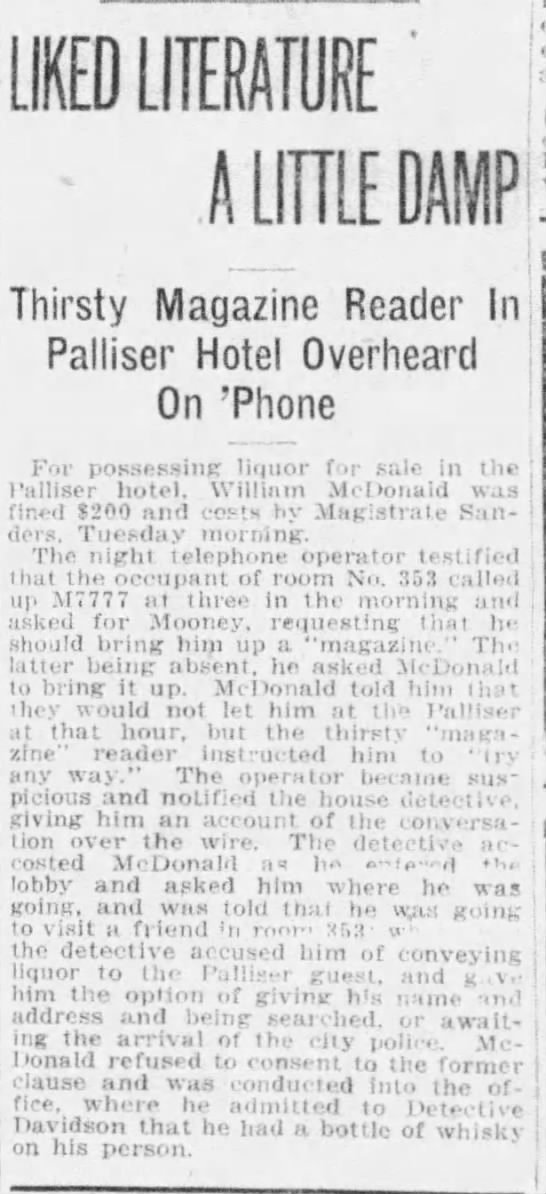 #100YearsAgoToday in #YYC: William McDonald fined $200 + costs for having liquor for sale in <a href="/Fairmont_PAL/">Fairmont Palliser</a>. He had responded to a 3am call to bring a "magazine" to Room 353. Telephone operator alerted house detective. Prohibition ends dry spell in 1924. Image via <a href="/UCalgaryLibrary/">UCalgary Libraries and Cultural Resources</a>