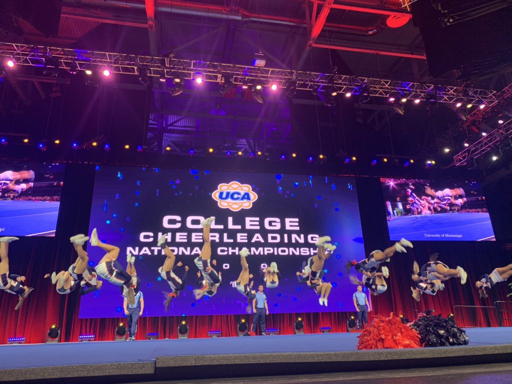 UCAupdates's tweet photo. We hope U didn’t (ole)MISS this awesome performance in the All Girl DIA finals!💙❤️ @OleMissCheer #UCAnationals https://t.co/lBntnvGYGG