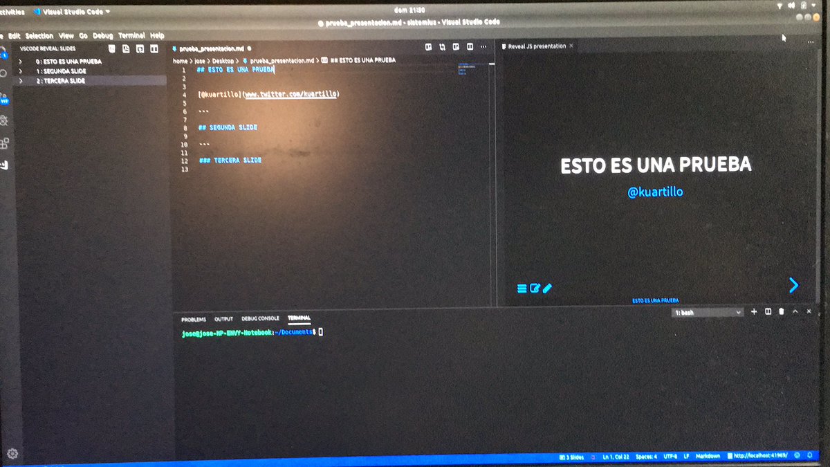 kuartillo's tweet photo. Para los speakers de mi timeline “VSCode Reveal” genera automáticamente slides a partir de un documento de markdown @quenerapu @dagope https://t.co/omg5xym6zy