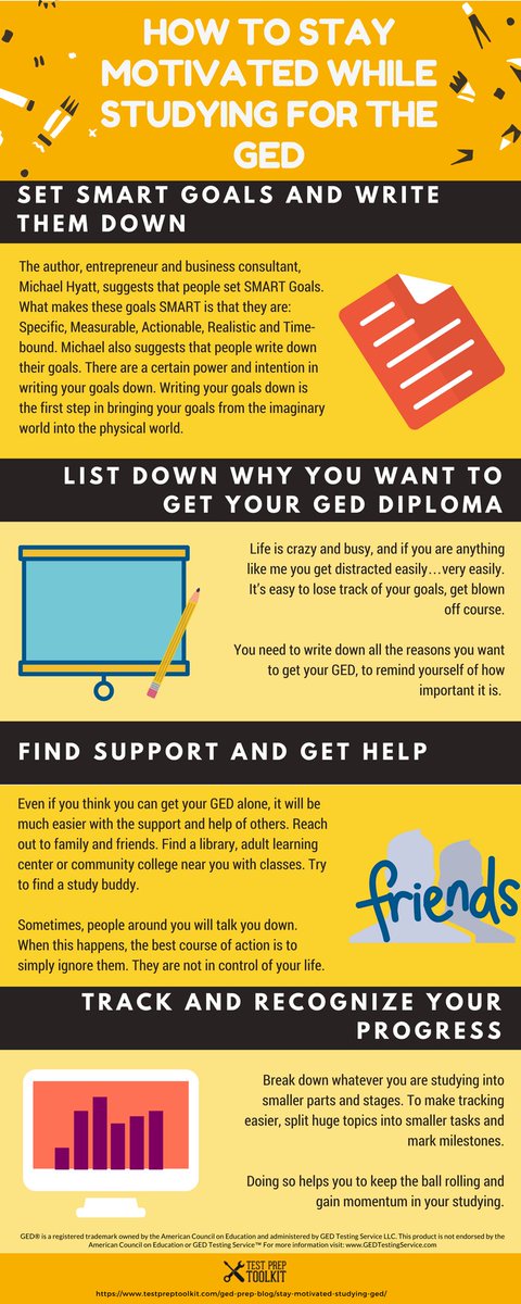 TestPrepToolkit's tweet image. Here are some tips to help you stay motivated for the GED, whether you are hoping to go to college or just get a better job. These tips can help you go far inside and outside of the classroom.

buff.ly/2M7k442

#GEDclassesonline #OnlineGEDclasses #GEDonline #onlineGED