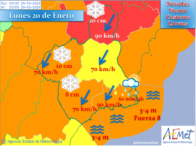 MeteoMurciaDani's tweet photo. MAÑANA: Se activa el aviso ROJO por nevadas en el #Altiplano por 20 cm; #Noroeste 10 cm; y Alto Lorca 6 cm. Otros avisos por viento 70-90 km/h, oleaje 3-4 m y lluvias https://t.co/33RoRWRQHq