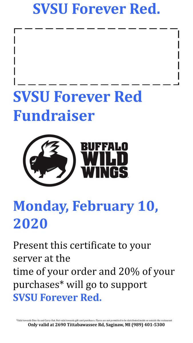 Present this flyer at Buffalo Wild Wings on Monday, February 10th to give 20% of your purchase to student scholarships!

**Stay tuned for more I ❤️SV week events**