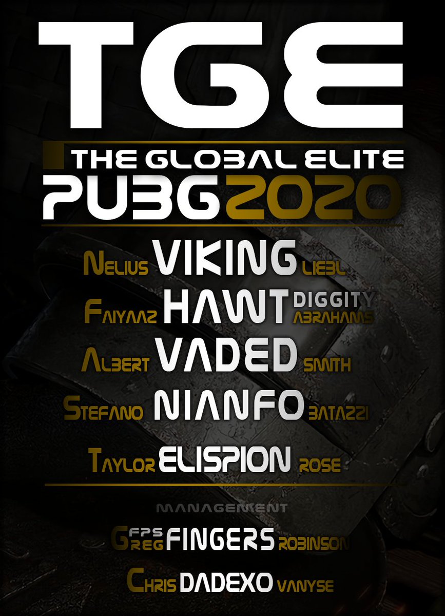 eagleoneesports's tweet photo. The Official 2020 @GlobalEliteTeam:
🦅@TGE_Viking
🦅@Diggity1_Hawt
🦅@Vadedplus
🦅@NianfoZA 
🦅@Elispion
Management
🔥@fpsFingers 
🔥@The_Dexo 
🇿🇦 #SAesports 🐓#PUBGza https://t.co/QXroFAZg8D