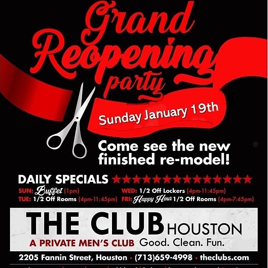 ClubHouston's tweet photo. It is a special day at Club Houston. Come join us celebrate the completion of our total remodel. Drinks and light bites will be served. We will be celebrating all week long with daily specials and discounts. #clubhouston #celebration #discounts #fun https://t.co/3JDqfyzKW6
