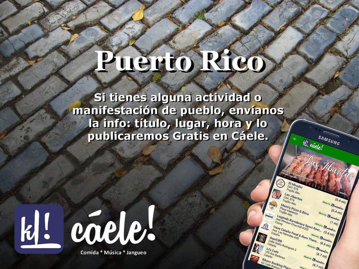 CaeleApp's tweet photo. Puerto Rico: Si tienes alguna actividad o manifestación de pueblo, envíanos la info: título, lugar, hora y lo publicaremos Gratis en Cáele. #PuertoRico #Caele #CaeleApp #eventos #gratis https://t.co/74jTdoCGun