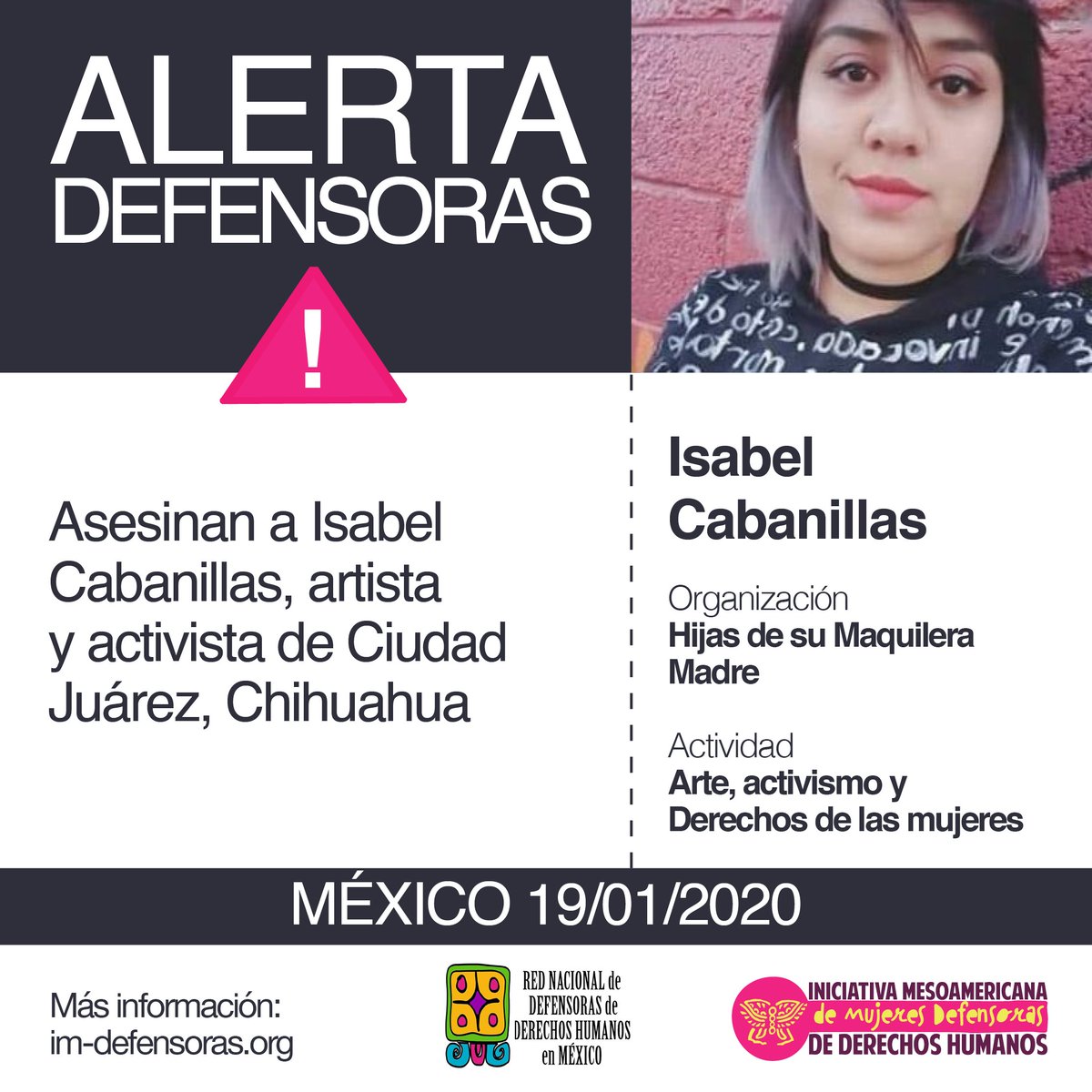 IM_Defensoras's tweet photo. 📢🚨🆘#AlertaDefensoras MÉXICO / Asesinaron a la activista y pintora plástica Isabel Cabanillas la madrugada de ayer en Ciudad Juárez, en el estado de Chihuahua.

➡️ https://t.co/HTWRu35xds https://t.co/fdlHao1qZn