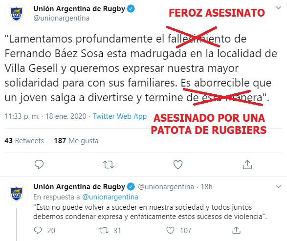 EdgardoRovira's tweet photo. La Unión Argentina de Rugby publicó un pobre comunicado, se le nota trabajado por abogados y asesores de comunicación. En el texto hablan de "fallecimiento" y "programa de concientización"; para no hablar de asesinato, patota de rugbiers, y valores morales muy enfermos en la UAR. https://t.co/8PinpVuJmC