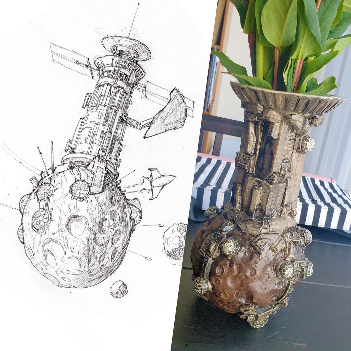 spacegooose's tweet photo. My brother made me this incredible hand crafted Space Base Vase for Christmas. He makes cool ceramics!  https://t.co/5w3CqPn5ot
 #spaceshipthings https://t.co/Ks2eK9VM9H