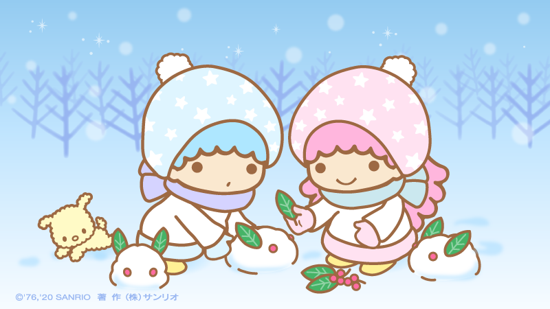 blue scarf snow pink hair blue hair 2girls snowing chibi  illustration images