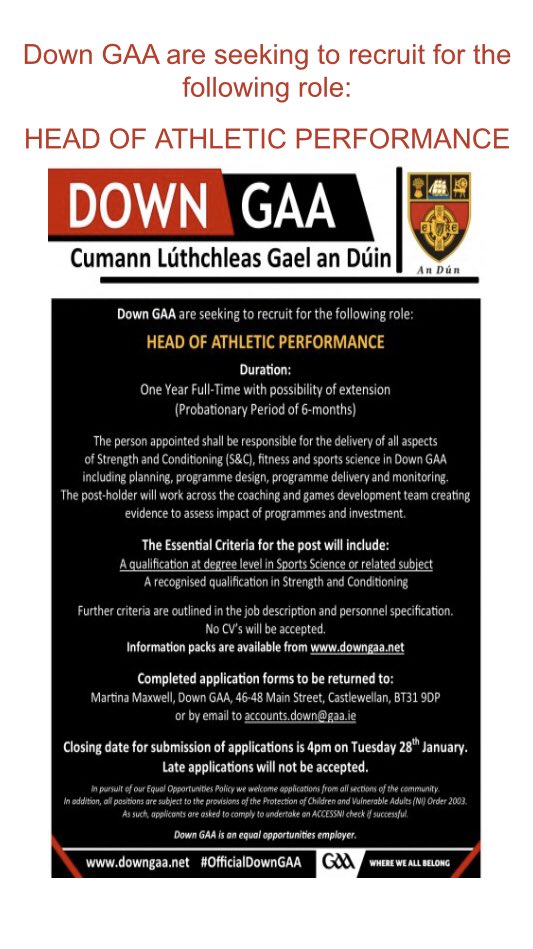 officialdowngaa's tweet photo. Job opportunity: HEAD OF ATHLETIC PERFORMANCE https://t.co/VP0q0JvPxh