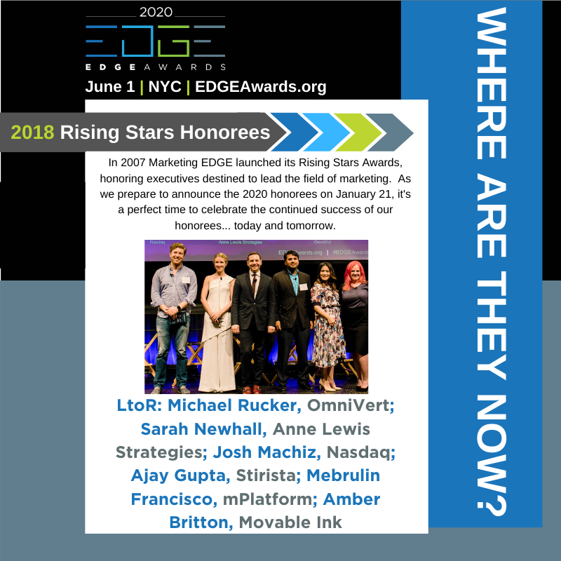 Marketing EDGE (@mktgedgeorg) on Twitter photo Where our 2018 Honorees are, ahead of our Jan. 21 announcement: Michael Rucker, <a href="/OmniVirt/">OmniVirt</a>; Sarah Newhall, Anne Lewis Strategies; Josh Machiz, <a href="/Nasdaq/">Nasdaq</a>; Ajay Gupta, <a href="/STIRISTA/">STIRISTA.com</a>; Mebrulin Francisco, mPlatform; Amber Britton, <a href="/movableink/">Movable Ink</a>. #Marketing #Leadership #EDGEAwards20 Where our 2018 Honorees are, ahead of our Jan. 21 announcement: Michael Rucker, <a href="/OmniVirt/">OmniVirt</a>; Sarah Newhall, Anne Lewis Strategies; Josh Machiz, <a href="/Nasdaq/">Nasdaq</a>; Ajay Gupta, <a href="/STIRISTA/">STIRISTA.com</a>; Mebrulin Francisco, mPlatform; Amber Britton, <a href="/movableink/">Movable Ink</a>. #Marketing #Leadership #EDGEAwards20