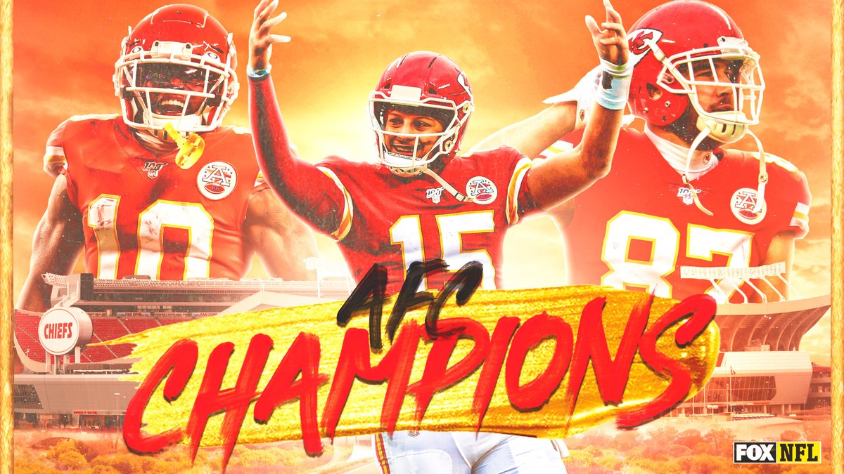 NFLonFOX's tweet photo. SUPER BOWL BOUND!!! 🏝️

THE KANSAS CITY CHIEFS ARE AFC CHAMPIONS! #ChiefsKingdom https://t.co/zCDJisdNKI