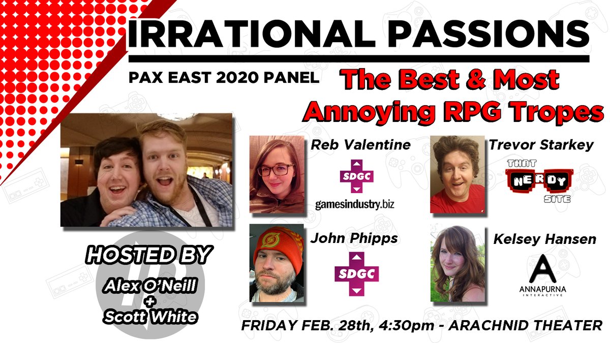 IrrationalPod's tweet photo. IP has a #PAXEast Panel!

The Best &amp; Most Annoying RPG Tropes

Hosts: @ALFighter27 &amp; @SolidSnake120 

Guests:
@duckvalentine of @GIBiz + SDGC

@mistermegative of @officialSDGC

@TrevorJStarkey of @ThatNerdySite

@KingsmanGadget of @A_i

2/28, Fri. @ 4:30 PM, Arachnid Theater🎉⚔️ https://t.co/QaLjUEFsBb
