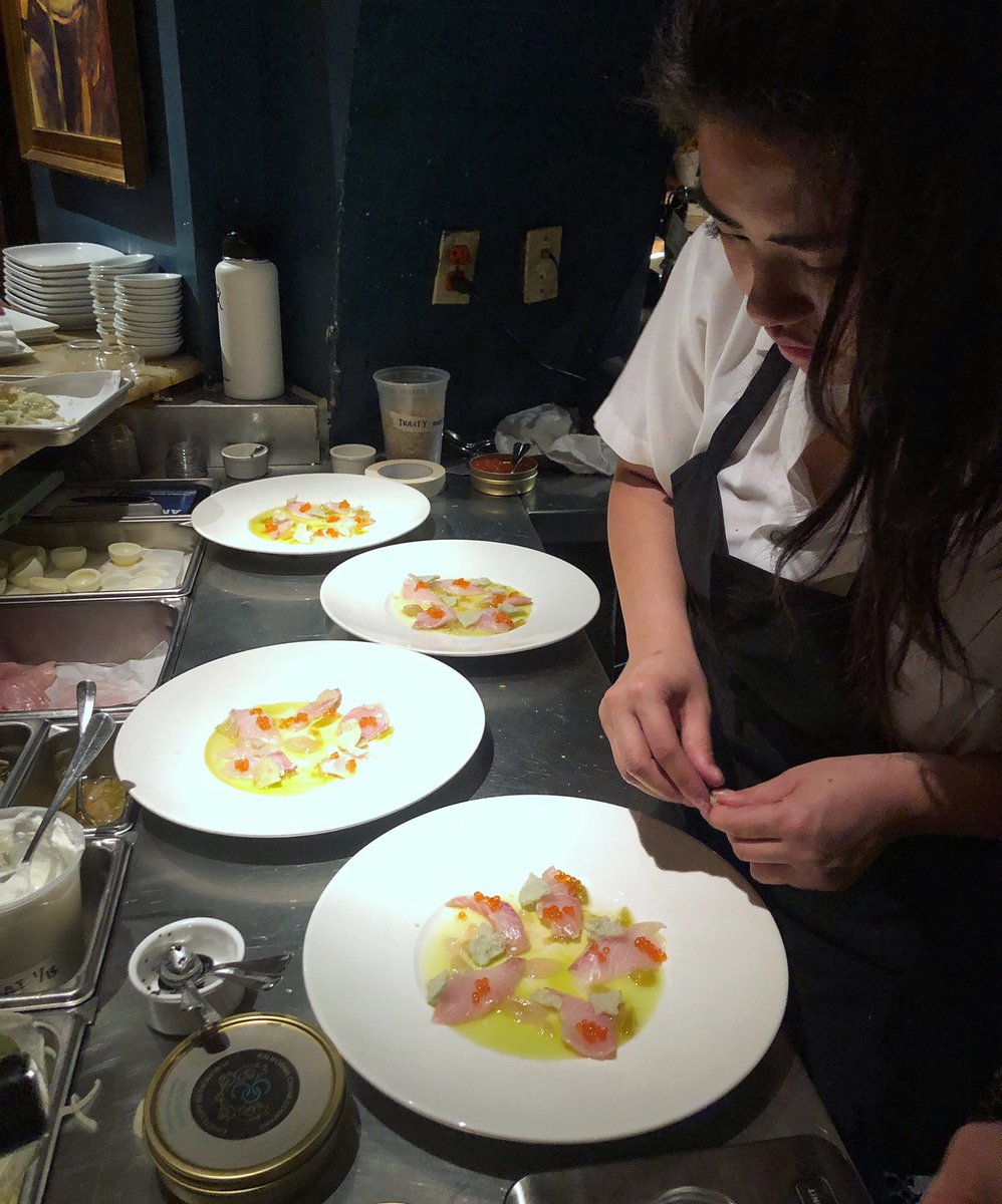 Already we are seeing young Spring #garlic come through our kitchen. To highlight it, we lightly brine fresh #Kampachi in a white soy nigiri and serve it with crispy jade rice wafers and smoked trout roe. #sashimi

Chef Bianca is killing it on the plating! 🙌