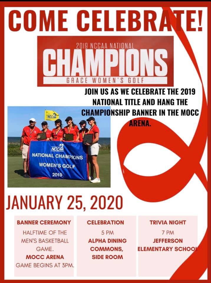 GraceWGolf's tweet photo. Have you heard the news? ⬇️

Please join us THIS SATURDAY- January 25th at the MOCC as we hang our NCCAA National Championship banner at halftime of the @GraceBasketball game!!! We would love to see you there and also join us in Alpha Dining Hall for a celebration. #GCWG https://t.co/Nr5mMz9VhZ