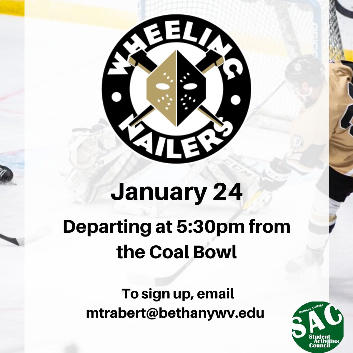 BethanySAC's tweet photo. Join SAC this Friday for early pre-game access and an exciting on-ice experience!

Reserve your spot NOW by emailing MTrabert@bethanywv.edu! Tickets are limited! https://t.co/6Dqoh4CJ8g