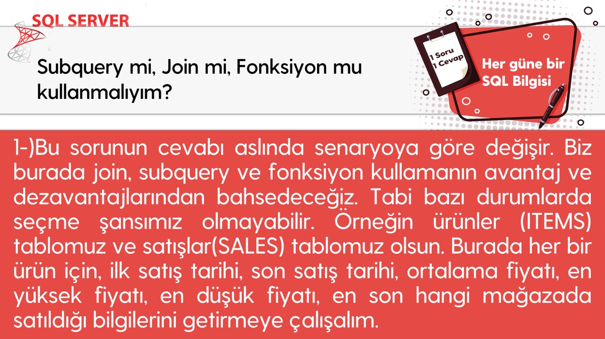 omer_colakoglu's tweet photo. Subquery mi, Join mi, Fonksiyon mu kullanmalıyım? -1
#hergüne1sqlbilgisi #subquery #join #userdefindedfunctiıon #scalarvaluedfunction #tablevaluedfunction
#sqladministration #veritabanıYönetimi #sqlperformance
#ocolakoglu #udemysql #tsql #sql https://t.co/zqh4fecfwo