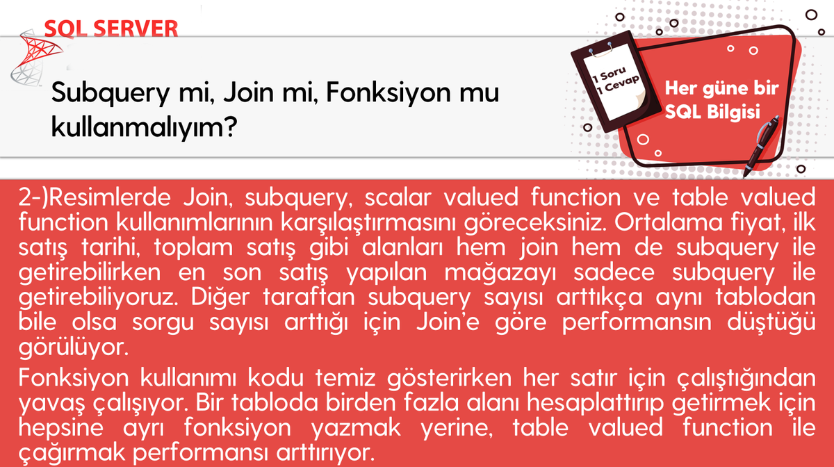 omer_colakoglu's tweet photo. Subquery mi, Join mi, Fonksiyon mu kullanmalıyım? -1
#hergüne1sqlbilgisi #subquery #join #userdefindedfunctiıon #scalarvaluedfunction #tablevaluedfunction
#sqladministration #veritabanıYönetimi #sqlperformance
#ocolakoglu #udemysql #tsql #sql https://t.co/zqh4fecfwo