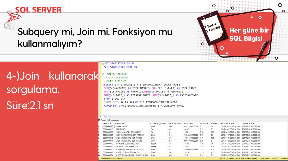 omer_colakoglu's tweet photo. Subquery mi, Join mi, Fonksiyon mu kullanmalıyım? -1
#hergüne1sqlbilgisi #subquery #join #userdefindedfunctiıon #scalarvaluedfunction #tablevaluedfunction
#sqladministration #veritabanıYönetimi #sqlperformance
#ocolakoglu #udemysql #tsql #sql https://t.co/zqh4fecfwo