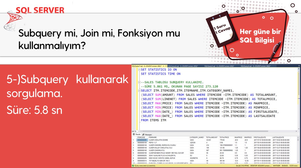 omer_colakoglu's tweet photo. Subquery mi, Join mi, Fonksiyon mu kullanmalıyım? -2
#hergüne1sqlbilgisi #subquery #join #userdefindedfunctiıon #scalarvaluedfunction #tablevaluedfunction
#sqladministration #veritabanıYönetimi #sqlperformance
#ocolakoglu #udemysql #tsql #sql https://t.co/EeXBxXMCze
