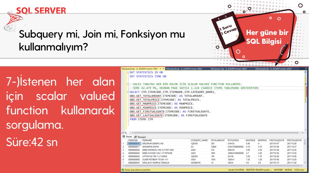 omer_colakoglu's tweet photo. Subquery mi, Join mi, Fonksiyon mu kullanmalıyım? -2
#hergüne1sqlbilgisi #subquery #join #userdefindedfunctiıon #scalarvaluedfunction #tablevaluedfunction
#sqladministration #veritabanıYönetimi #sqlperformance
#ocolakoglu #udemysql #tsql #sql https://t.co/EeXBxXMCze