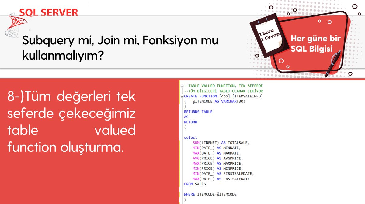omer_colakoglu's tweet photo. Subquery mi, Join mi, Fonksiyon mu kullanmalıyım? -2
#hergüne1sqlbilgisi #subquery #join #userdefindedfunctiıon #scalarvaluedfunction #tablevaluedfunction
#sqladministration #veritabanıYönetimi #sqlperformance
#ocolakoglu #udemysql #tsql #sql https://t.co/EeXBxXMCze