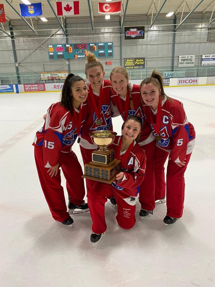 CalgaryU19AA2's tweet photo. In their final season of AA these beauties got to hoist this trophy with a clean sweep of 6 games!  All 5 of these girls are leaders and amazing role models.  #wowfactor #startedfromthetop @CalgAARingette https://t.co/jKPLOY5R5T
