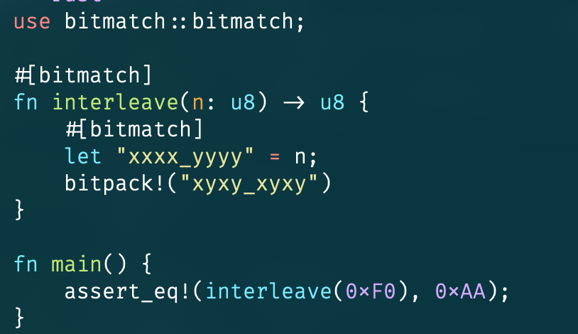 A screenshot of bitmatch sample code, showing bit unpacking and interleaving.