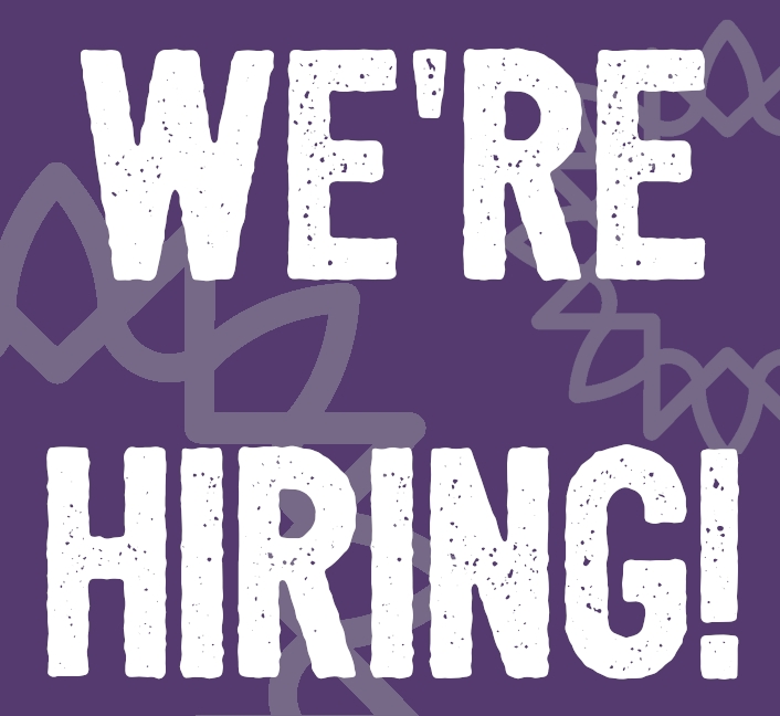 "WE'RE HIRING!" in white on a purple background with faint NV Access "sunburst" images behind.