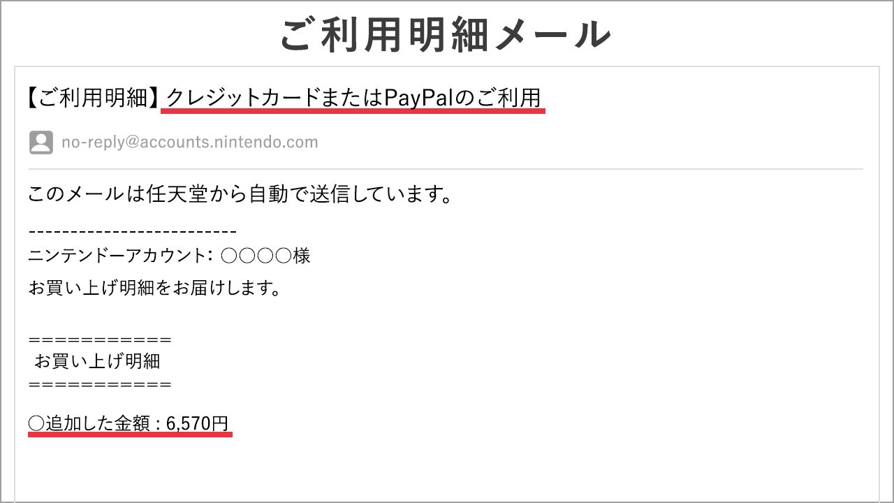 任天堂サポート なお ショップメニュー では Eショップ残高の追加履歴は確認できませんので ご了承ください クレジットカードで残高を追加した場合は ニンテンドーアカウントに登録したメールアドレス宛 子どもアカウントの場合は 保護者のメール