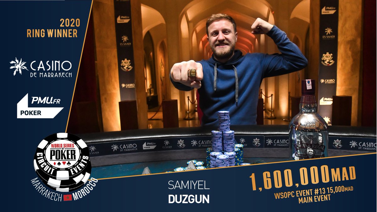 He did it! Samiyel Duzgun is the winner of the #WSOPCMarrakech! Congratulations to him for beating the 624 other players in this record edition and winning the prize of 1,600,000 MAD (approx. $166,000)! 💪 Next step for him : the <a href="/WSOP/">WSOP - World Series of Poker</a> Global Casino Championship in USA!