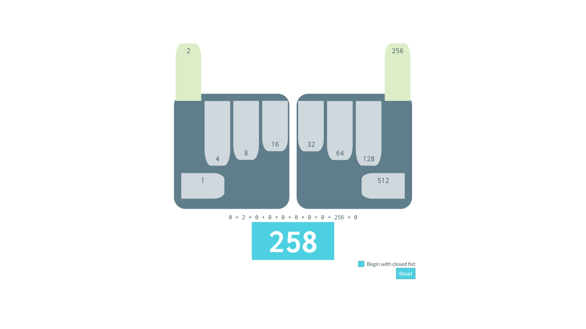 RockStarwind's tweet photo. New year, same old :has obsession. For my 13th :has() emulation demo, I went and created a @Codepen that lets you learn how to count up to 1023 in binary using two hands. Powered by #EQCSS, now with slightly better looking hands! #CSS #WebDeveloper 

Demo: https://t.co/Y8egwwTj6j https://t.co/9vcyycy2vq