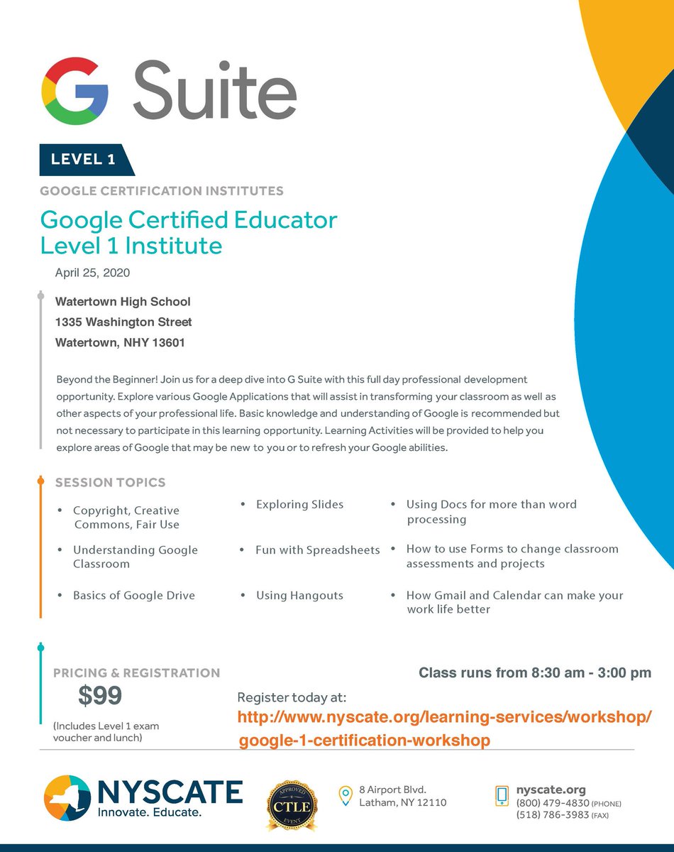 WCSD is hosting this <a href="/NYSCATE/">NYSCATE 💡💻</a> <a href="/Google/">Google</a> Certified Educator Level 1 Institute on April 25th. <a href="/WCSDCyclones/">Watertown City School District</a> educators, please register via MLP and the NYCATE link provided on the flyer.
#professionallearning #professionaldevelopment 
#EdTech
<a href="/Math3203/">Math 3203</a> <a href="/Tara9689/">Tara</a> @Jennife01012005