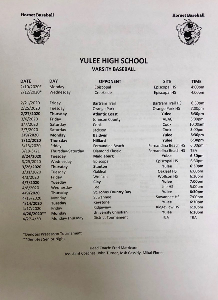 2020 Baseball season officially starts on the field tomorrow! Here is the Varsity schedule for the Hornets.