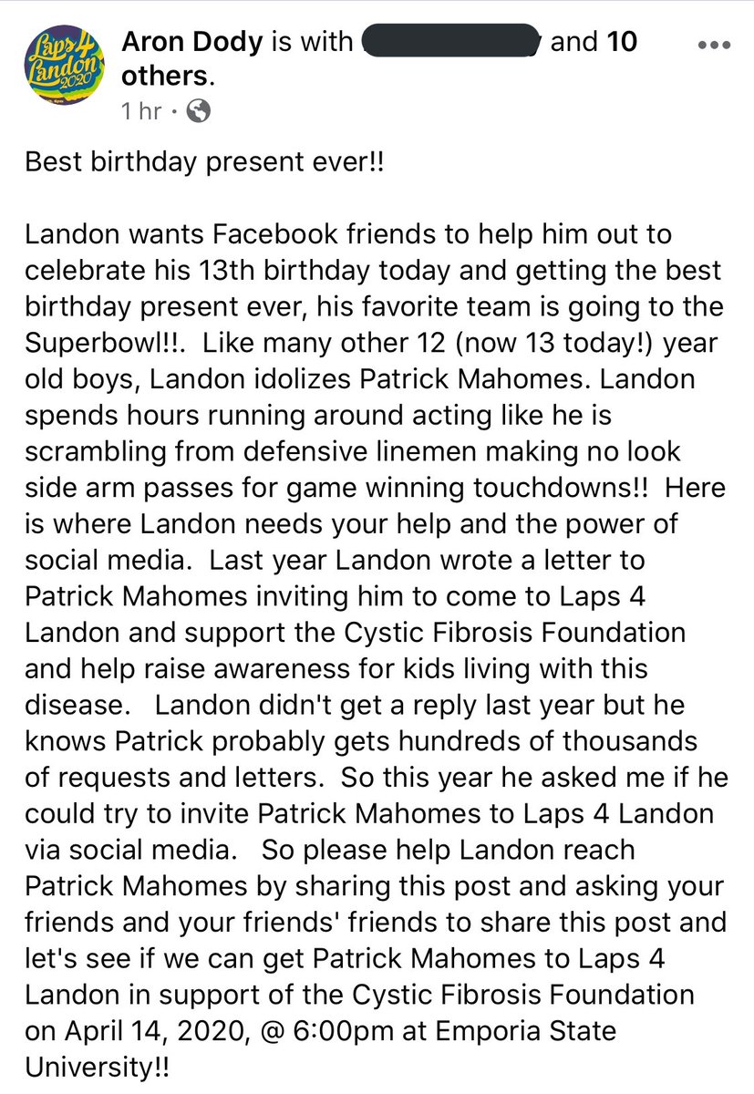 lizzyisbeyonce's tweet photo. This is my high school superintendent’s son, Landon. He was diagnosed with cystic fibrosis and it would mean the world if Pat came to his annual event, Laps 4 Landon! Please help a small town kid out and spread this!

@PatrickMahomes @Chiefs @brittanylynne8 https://t.co/nspQKe0XsS