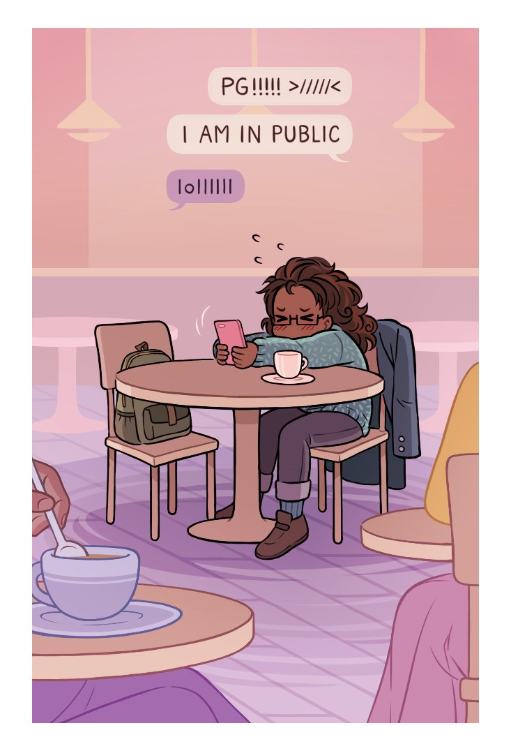 page 2: momo's answering text reads, in all caps, "PG!!!!! I AM IN PUBLIC" accompanied by a furiously blushing emoticon. pg's reply is a simple "lollllll." the scene is a slightly zoomed out shot of momo hunched over her table in the middle of the cafe, teacup abandoned. her backpack sits in the chair next to her. she holds her phone at arm's length, face still flushed at the risque photo that pg has sent.