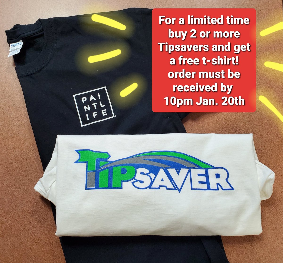 TipsaverThe's tweet photo. For a limited time buy 2 or more Tipsavers and receive a FREE t-shirt! Order must be placed by 10pm Jan 20th.
https://t.co/kzS5ZJ2VrR 
#tipsaver #alphaproducts #paintlifepro https://t.co/5s1Vpsn3dV