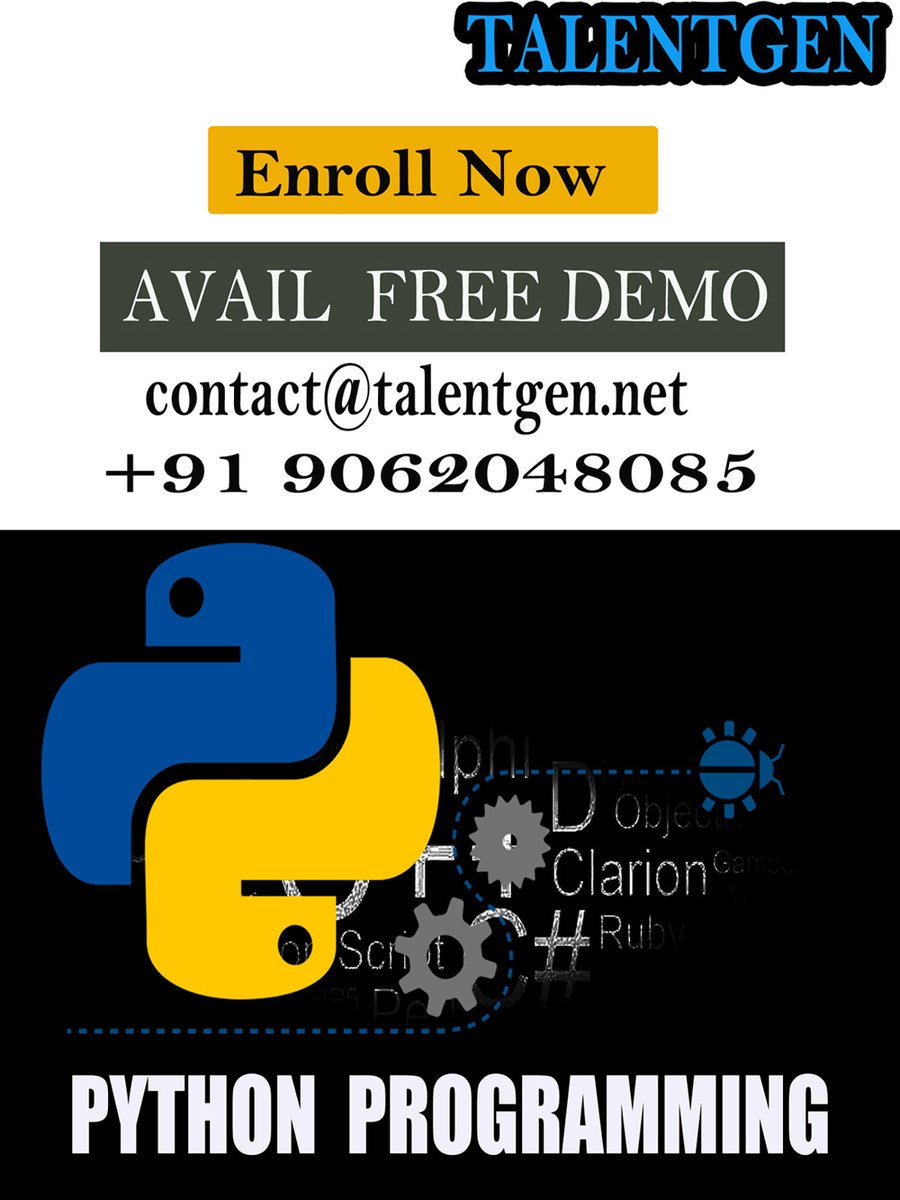 TalentgenT's tweet photo. Where should you invest your Time to learn #Python #programming ?
Learn Python Programming with #Talentgen #Technologies
1) Admission Fees ( Free)
2) Get Free Demo Class
3) Money Back Guarantee
#talentgen #python #programming # #admission #education #moneybackguarantee https://t.co/JOFZQSvtBC