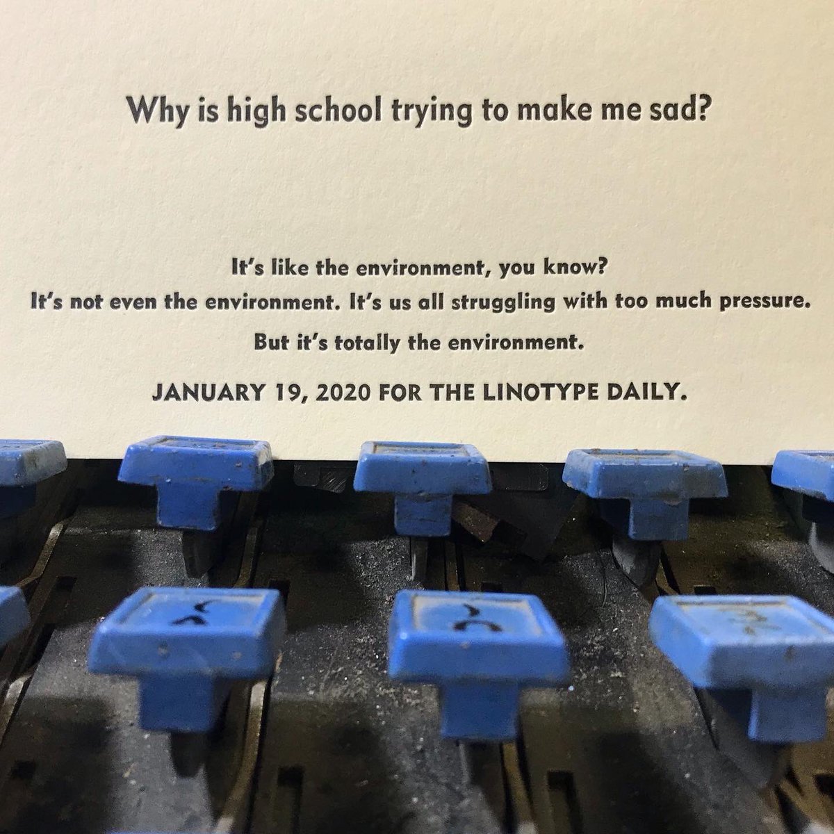 TLinotypist's tweet photo. Midterms! (But if EVER there was a generation of young people older people should be listening to, this would be it) #letterpress #linotype #highschool #providenceri #teaching #midterms #metromedium #dwiggins #missingligatures Cast in 8pt Metroblack and 12pt Metromedium no 2 https://t.co/J35zHeCasf