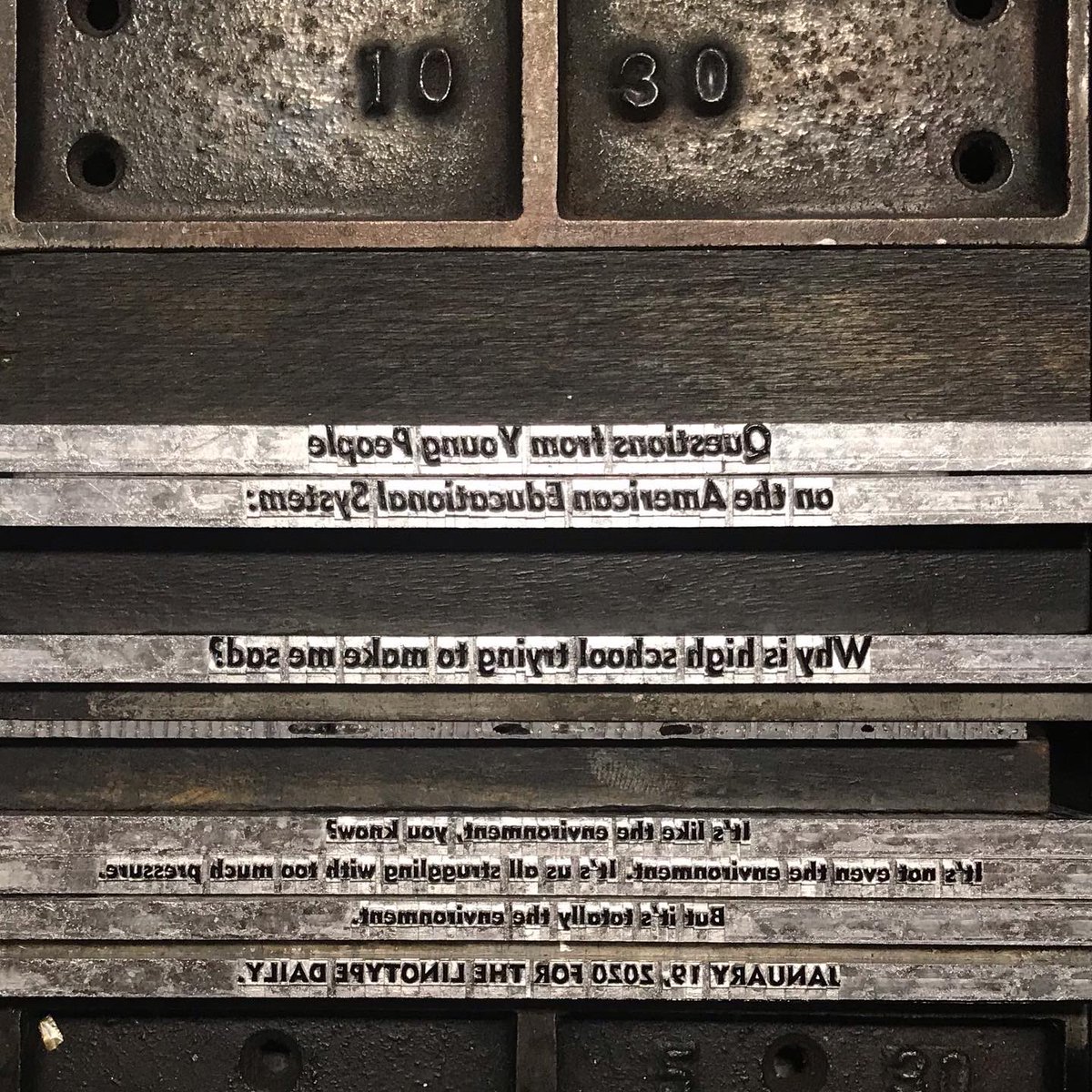 TLinotypist's tweet photo. Midterms! (But if EVER there was a generation of young people older people should be listening to, this would be it) #letterpress #linotype #highschool #providenceri #teaching #midterms #metromedium #dwiggins #missingligatures Cast in 8pt Metroblack and 12pt Metromedium no 2 https://t.co/J35zHeCasf