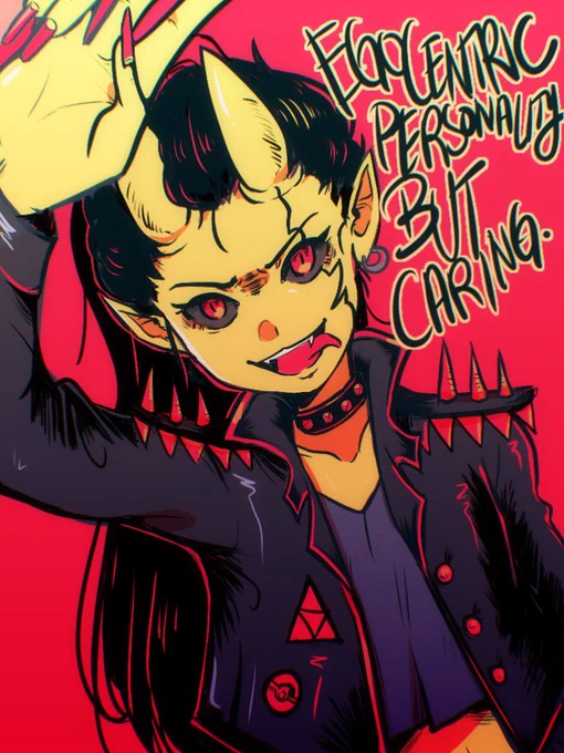 Hi, meet Egocentric Personality But Caring (Tric for short). A gold gamerairhead demon who wears leather biker clothes. Like their name, they may be chaotic, but they're very caring. They got their hairstyle by googling "girl hairstyle" https://t.co/AcAMXzGSFC 