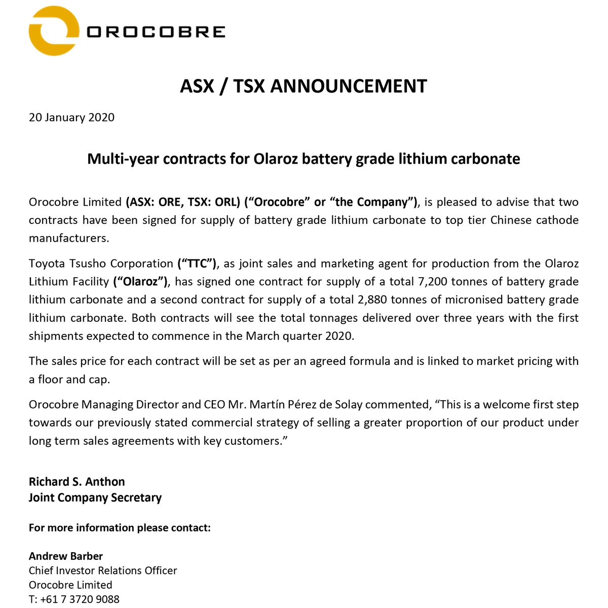 OrocobreLimited's tweet photo. #Orocobre is pleased to advise that two contracts have been signed for supply of battery grade #lithium carbonate to top tier Chinese cathode manufacturers. View full #ASX release here: https://t.co/3l8r8gTWvT

#OrocobreLimited $ORE $ORL #SalesdeJujuy #ToyotaTsusho #Olaroz #FY20 https://t.co/3vFqzMboNF