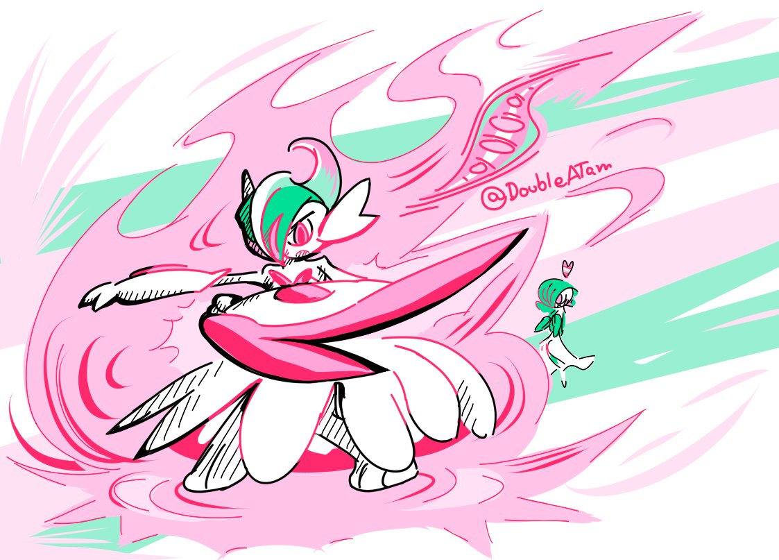Female Gallade, Mega Evolved. She has a dress and heart-shaped horns on her chest like Mega Gardevoir's, and an oversized pink & red left arm blade. She glows in pinks and magentas and blues and whites, and a lesbian gardevoir in the background is lovestruck