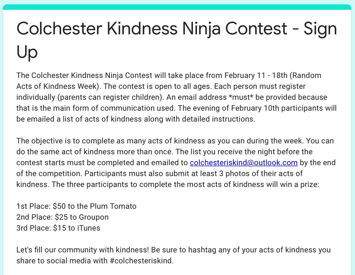 COLschools's tweet photo. #Colchesteriskind Contest for all ages! Fill our Colchester community with kindness! Registration information.... https://t.co/dvbX3WbRR6