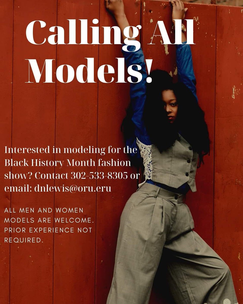 FSFriday's tweet photo. ***ORU STUDENTS*** We're looking for male and female models for the Black History Month fashion show. Contact us if interested. https://t.co/Pe4AUeDCSZ