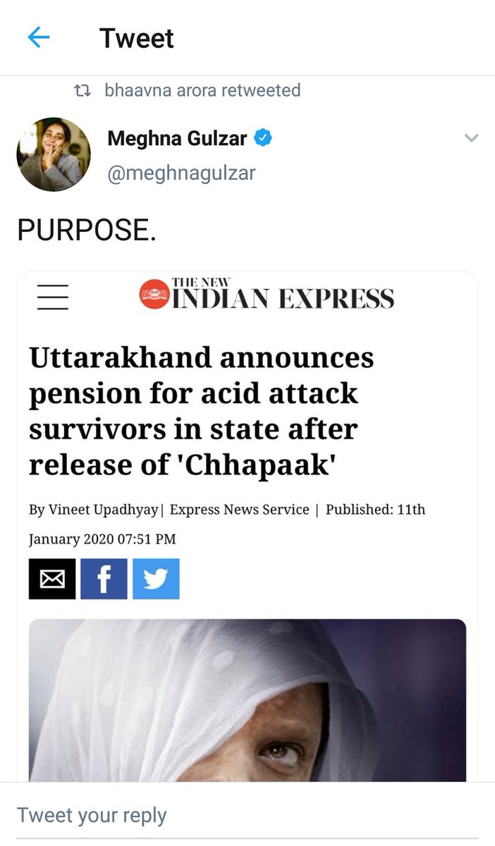 utkarsh_aanand's tweet image. Opposed a civil court order for one line of 'thank you' credit to adv Aparna Bhat, who fought for this #acidattack survivor from trial court to #SupremeCourt &amp;amp; helped you with #Chhapak..even appealed the trial judge's order in the #Delhi High Court. @meghnagulzar

PURPOSE??