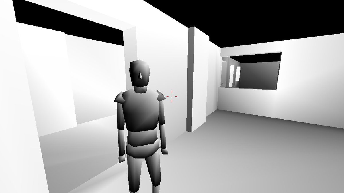 A low-poly grey man stares at you in a low-poly grey room.