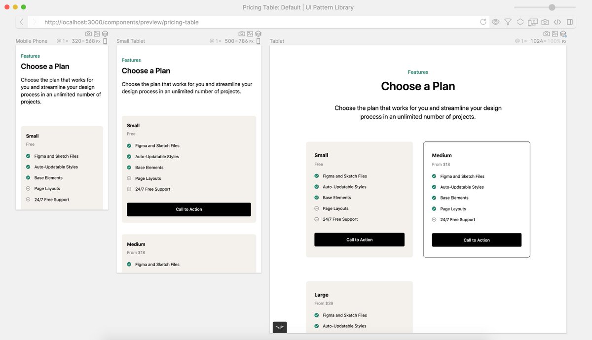 Screenshot of the Polypane browser showing my current work in three different viewport sizes simultaneously in the same window frame.