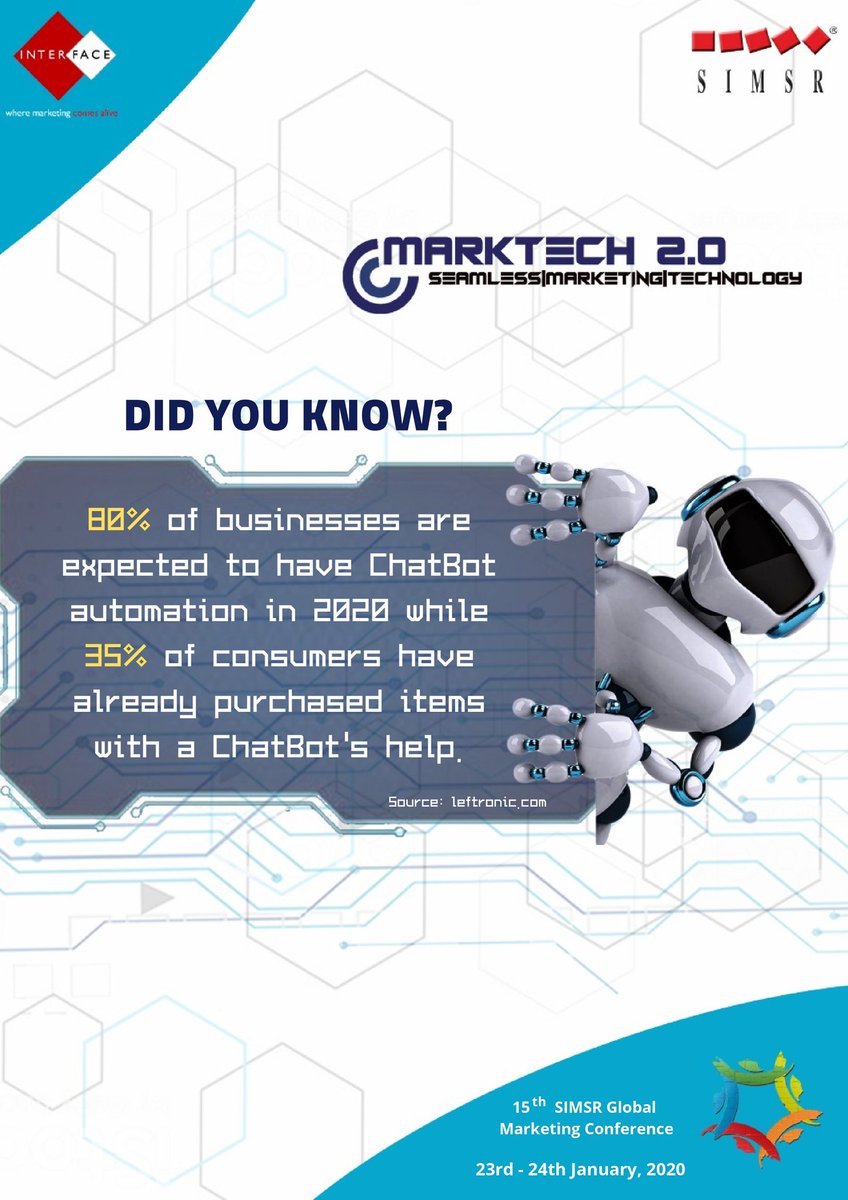 SIMSRGlobalMar1's tweet photo. ChatBots are on its way to be a $1.3 bn market by 2024. Cost saving and efficient, ChatBots are the future to better understand and serve the customer. Master #Marktech 2.0 only at the 15th SIMSR Global Marketing Conference.
#marketingdigital #chatbot #sgmc #simsr https://t.co/uVJWYUuiFo