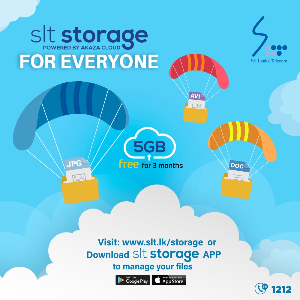 SriLankaTelecom's tweet photo. Three packages
Package 01 – 5GB, Rs. 50
Package 02 – 50GB, Rs. 150
Package 03 – 100GB, Rs. 250
Per month charges without taxes
Visit https://t.co/2F2Gy56Yr9
#SriLankaTelecom #SLTStorage https://t.co/ljasFmILmN
